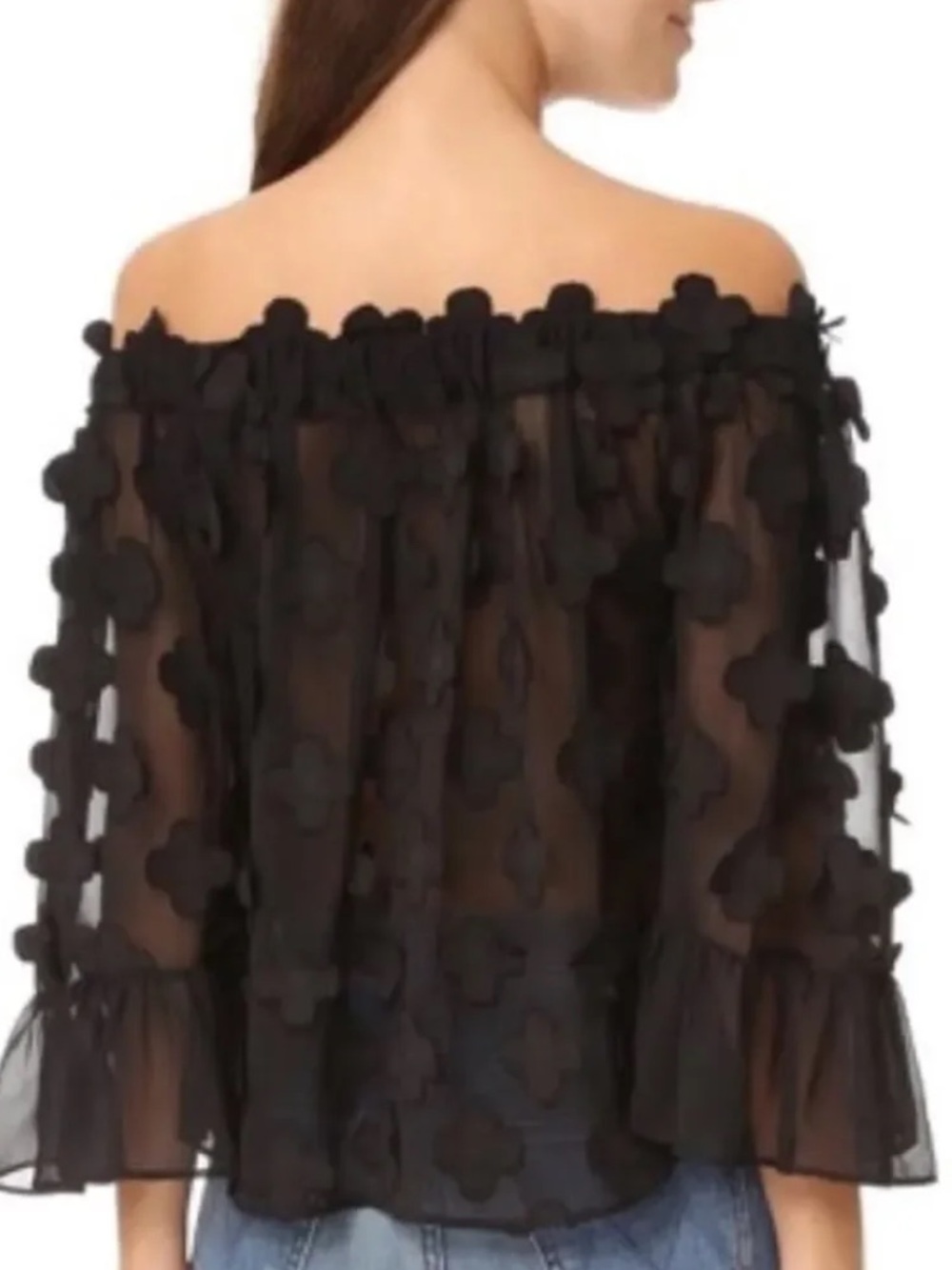 Alice McCALL Black Off‑Shoulder Appliqué Sheer Top – Size 6 (AUS 10)